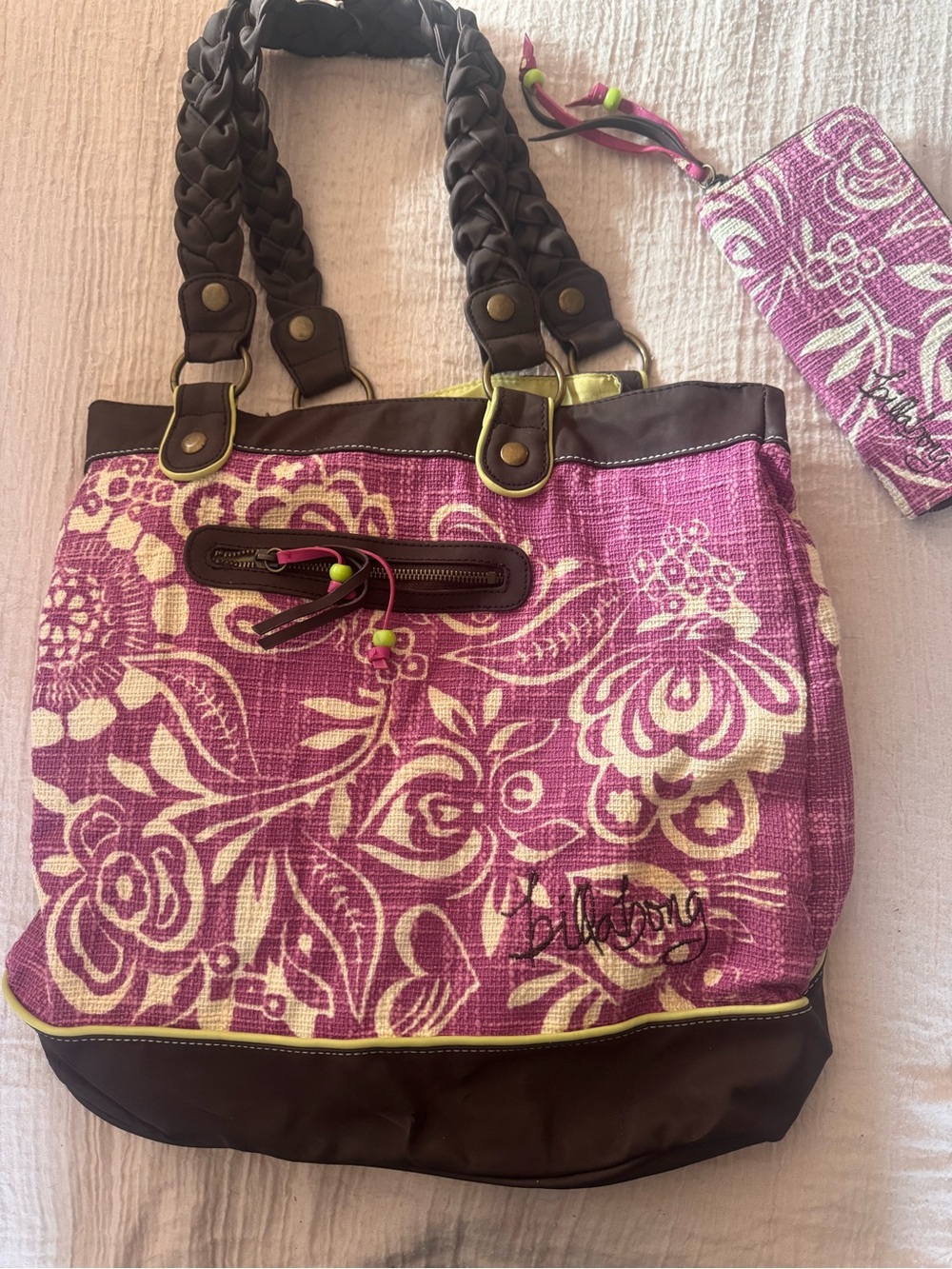 Billabong Pink Canvas Tote with Brown Braided Handles with MATCHING WALLET